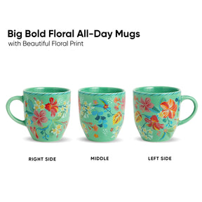 Three floral mugs with a colorful design on a white background