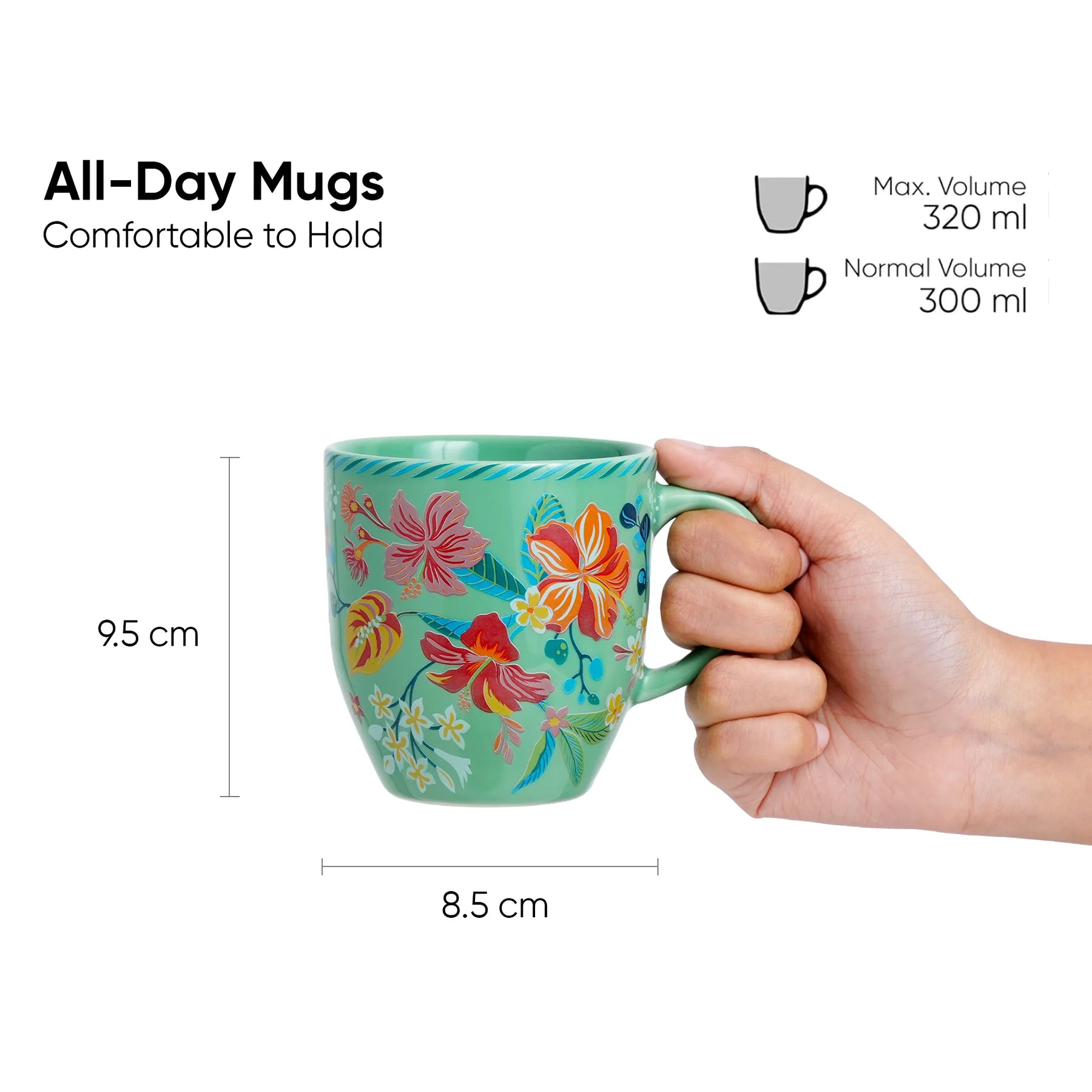Floral mug held by a hand with measurements and volume details on a white background