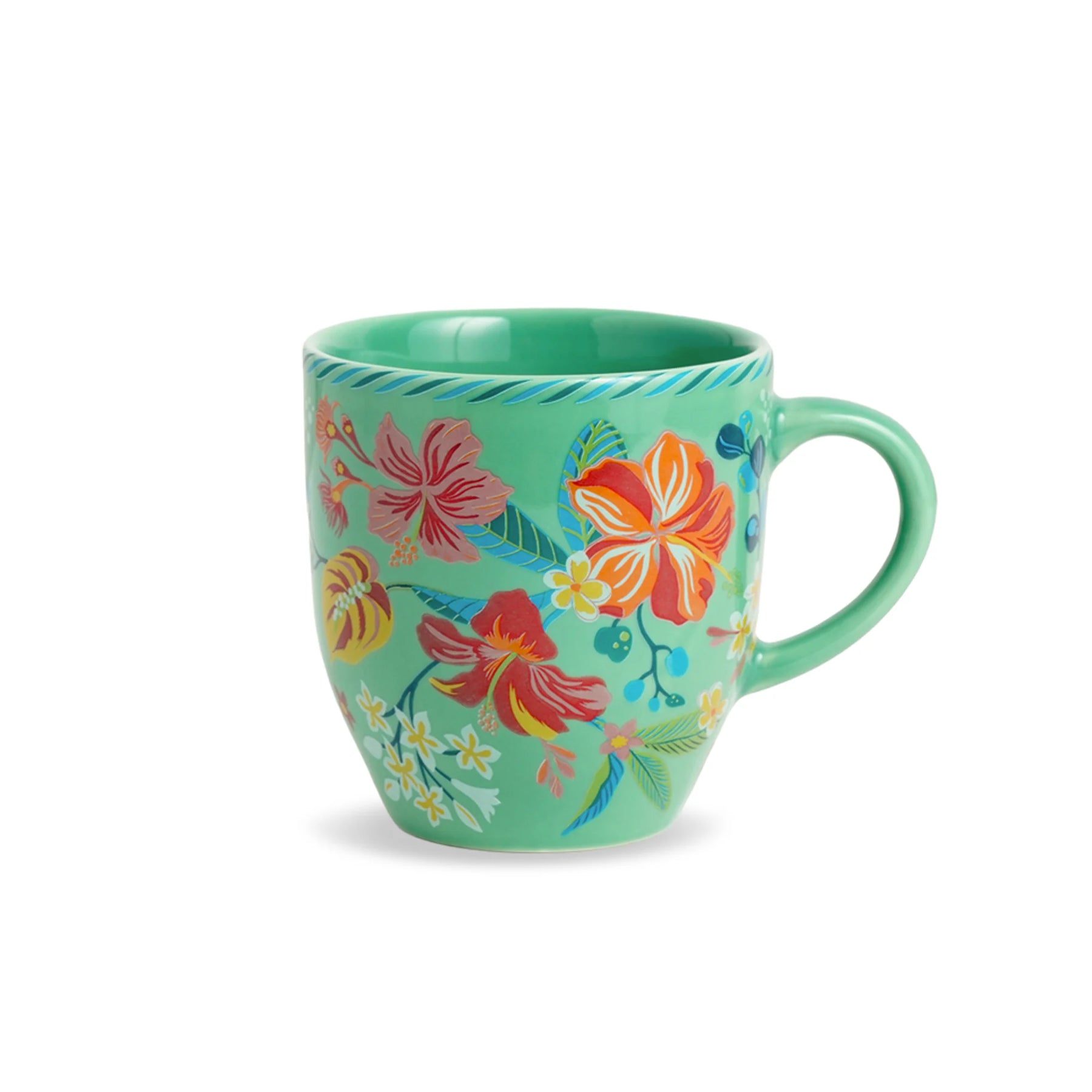 Turquoise mug with colorful floral design on a white background