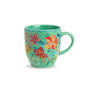 Turquoise mug with colorful floral design on a white background