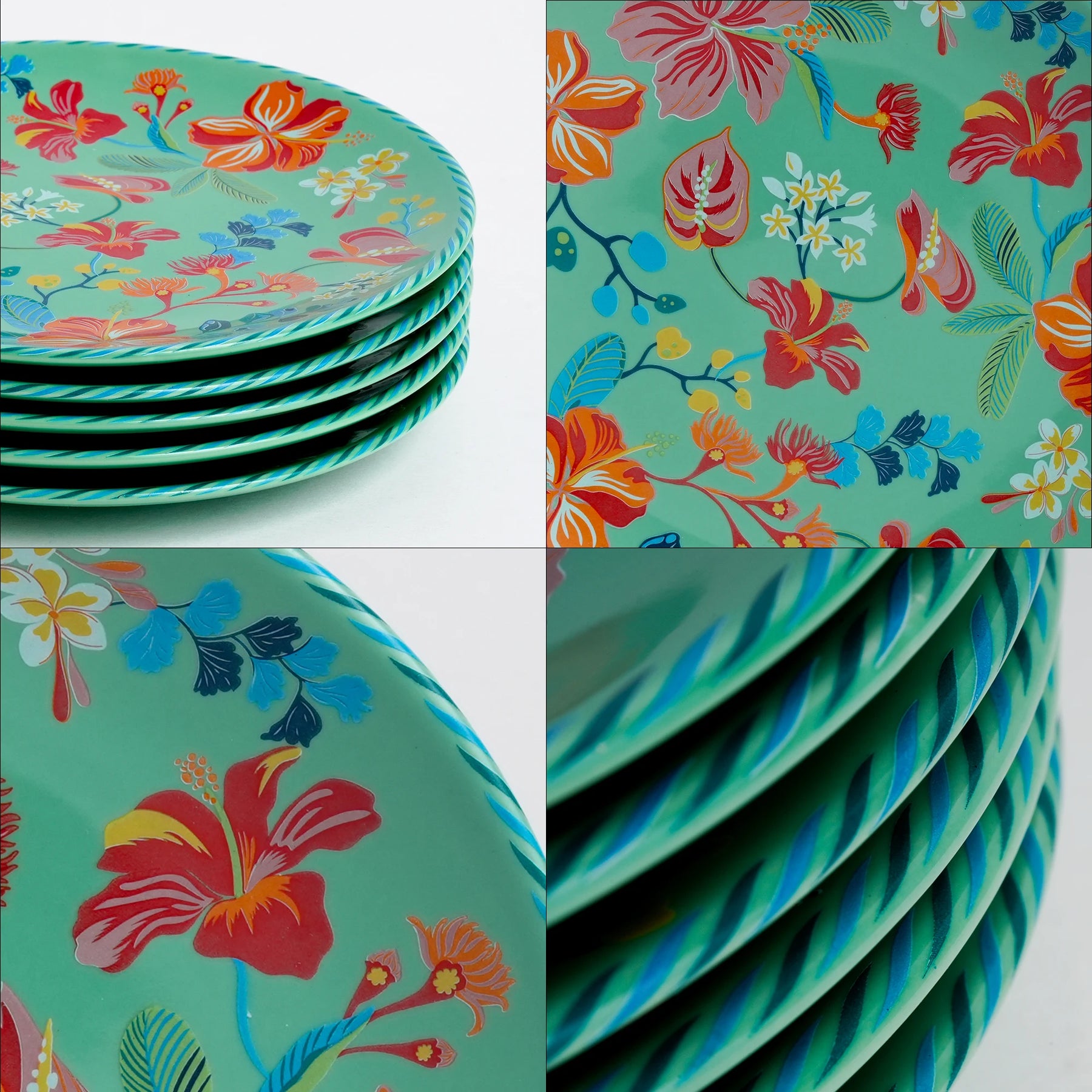 Stack of floral-patterned plates with close-up details on a white background