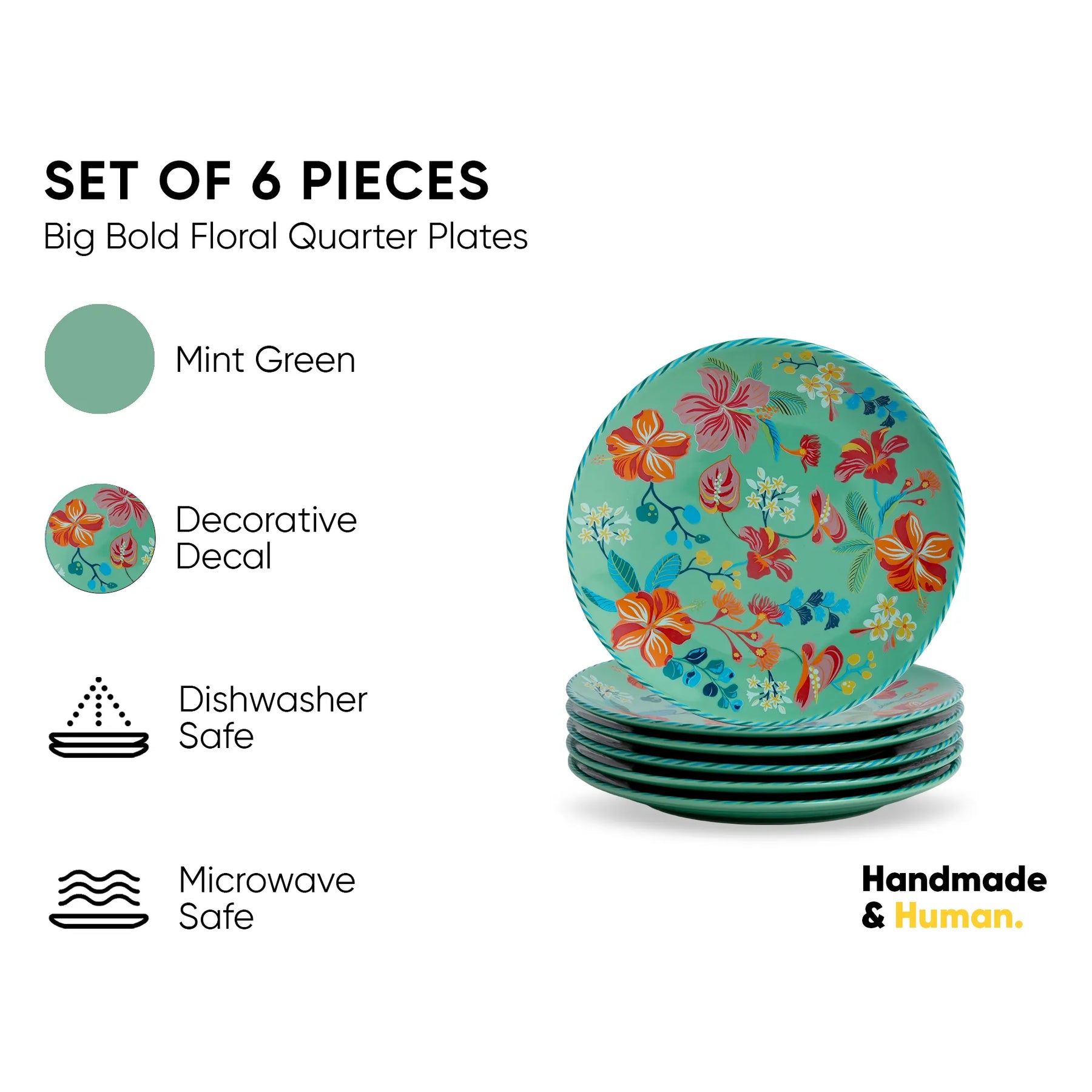 Set of 6 floral quarter plates with mint green color and decorative decal, shown with 'Handmade & Human' branding.