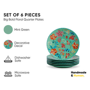 Set of 6 floral quarter plates with mint green color and decorative decal, shown with 'Handmade & Human' branding.