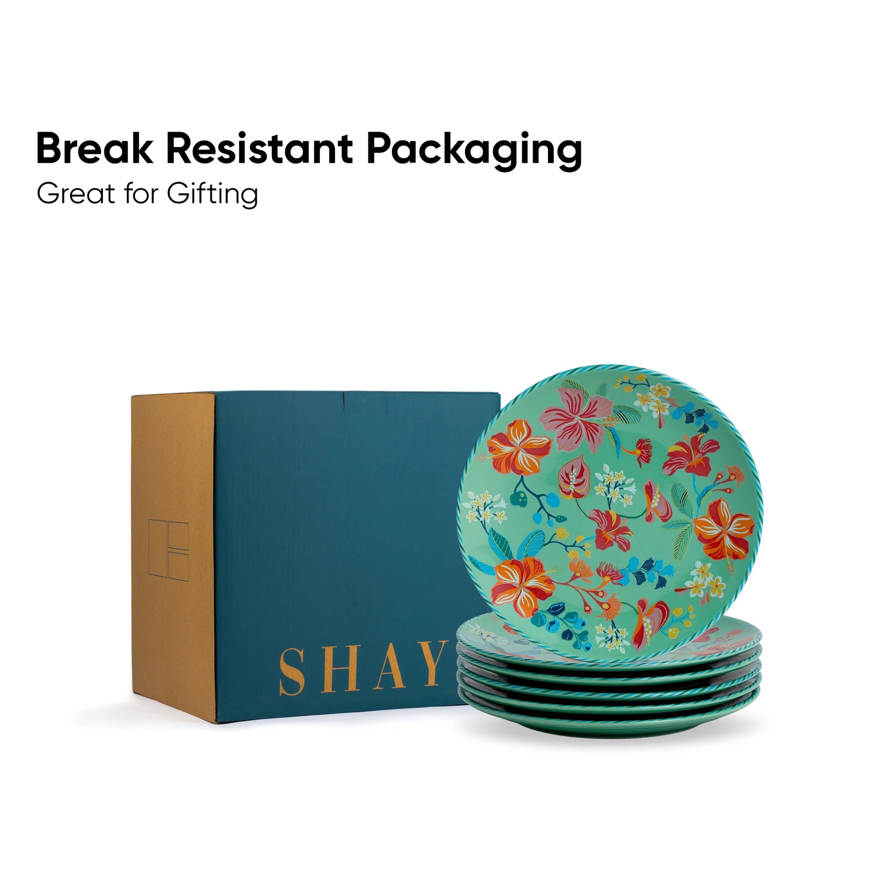 Stack of colorful ceramic plates with 'SHAY' branding and text about break-resistant packaging on a white background.