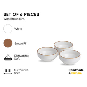 Set of three white bowls with brown rims on a white background, featuring text about material and safety.