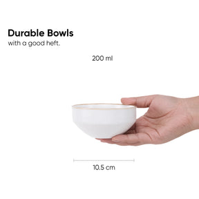 White bowl held in a hand with text indicating 'Durable Bowls with a good heft' and measurements.