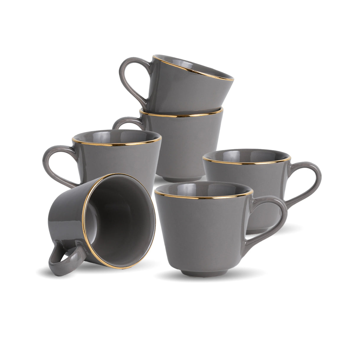 Set of gray mugs with gold rims on a white background