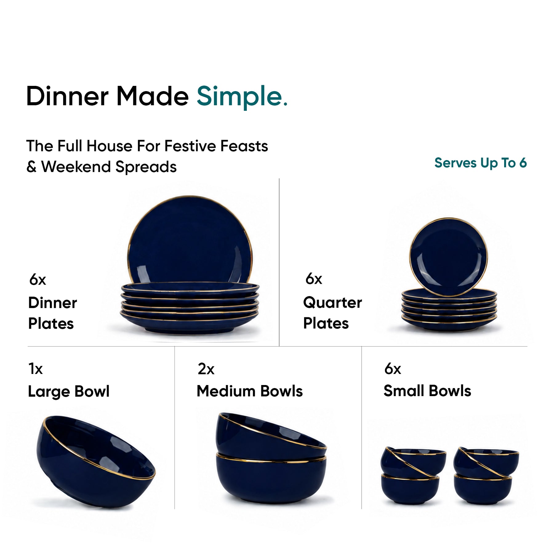 Ceramic Dinner Set | Halo Collection | 21 Pieces | Dinner Set For 6 | Navy