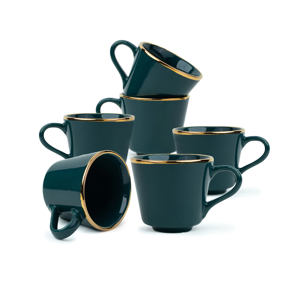 Set of dark green mugs with gold rims on a white background