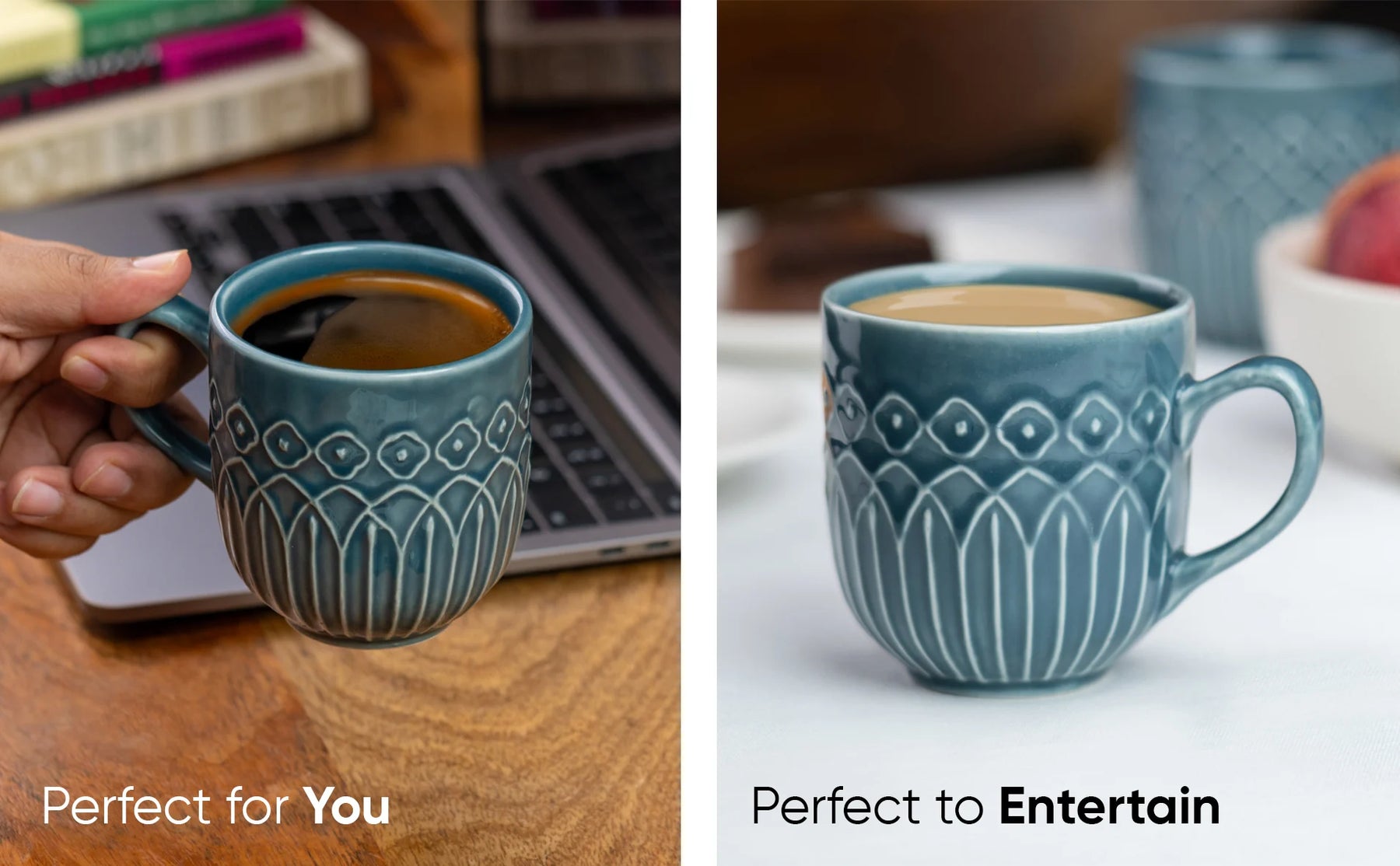 Two images of a blue mug with decorative patterns, one held by a hand and the other on a surface.