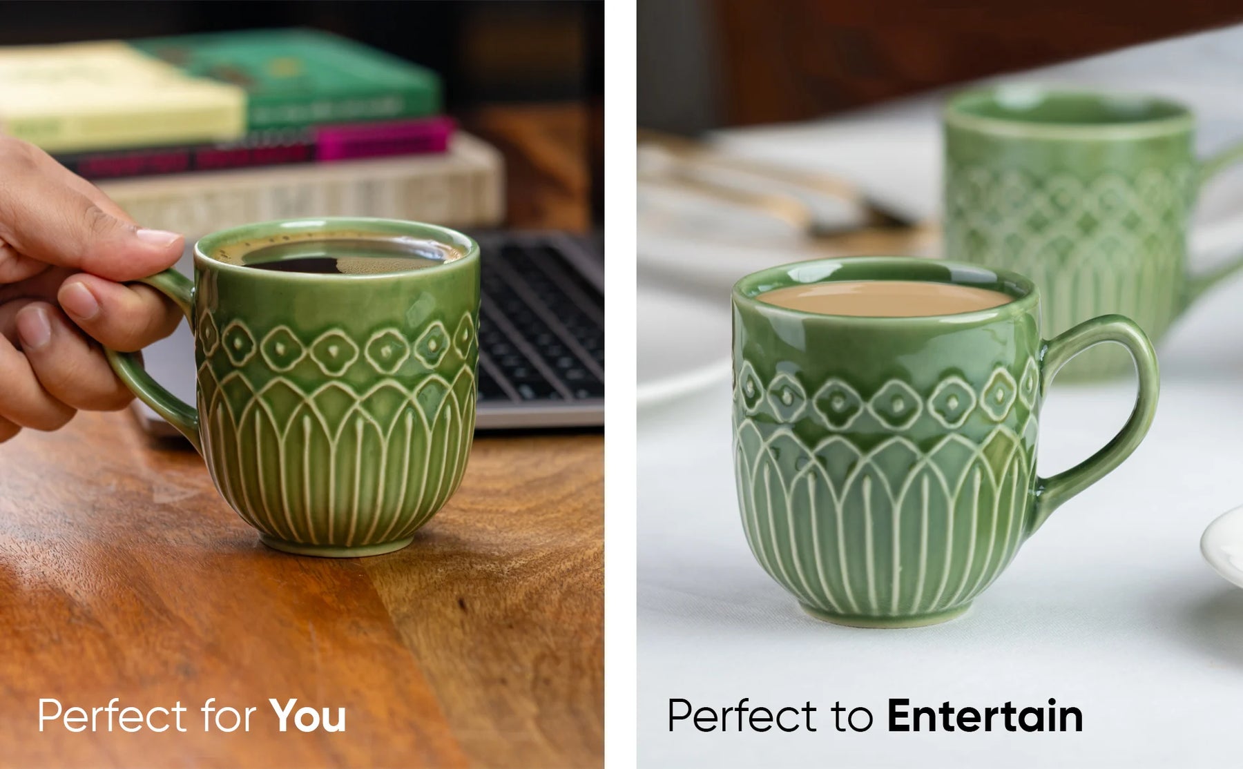 Green ceramic mug with decorative patterns held by a hand and placed on a table.