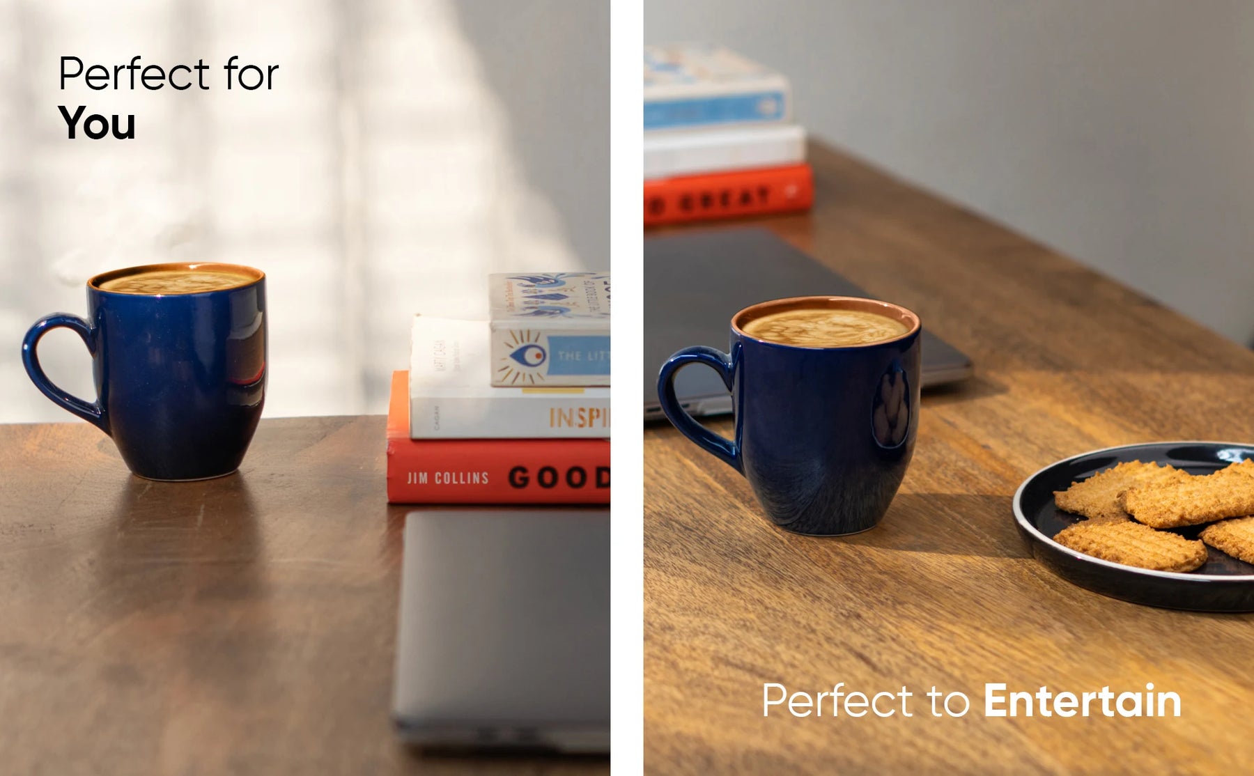 Two images showing a blue mug with coffee on a wooden surface, one with books and the other with cookies.