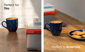 Two images showing a blue mug with coffee on a wooden surface, one with books and the other with cookies.