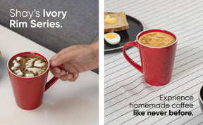 Red mug with hot chocolate and marshmallows, and another red mug with coffee on a table.