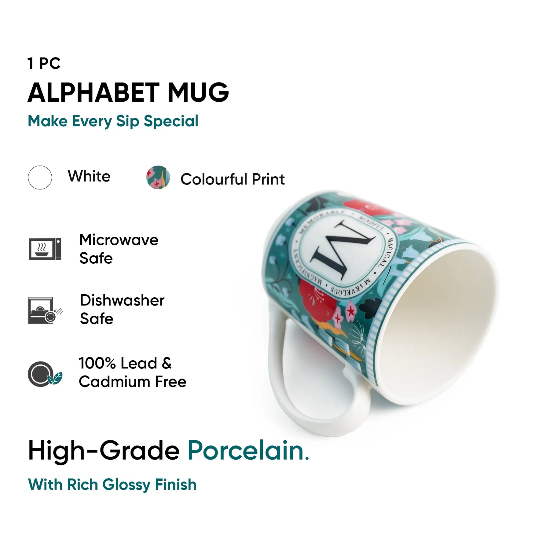 Alphabet mug with colorful print on a white background