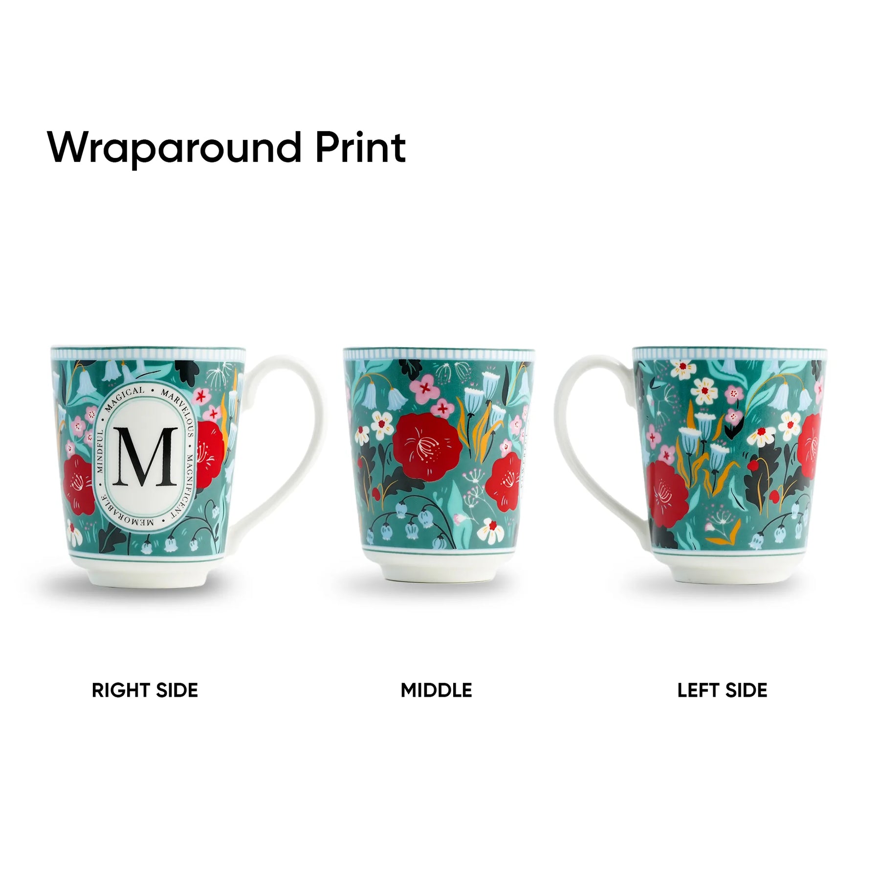 Three mugs with floral wraparound prints on a white background