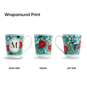 Three mugs with floral wraparound prints on a white background