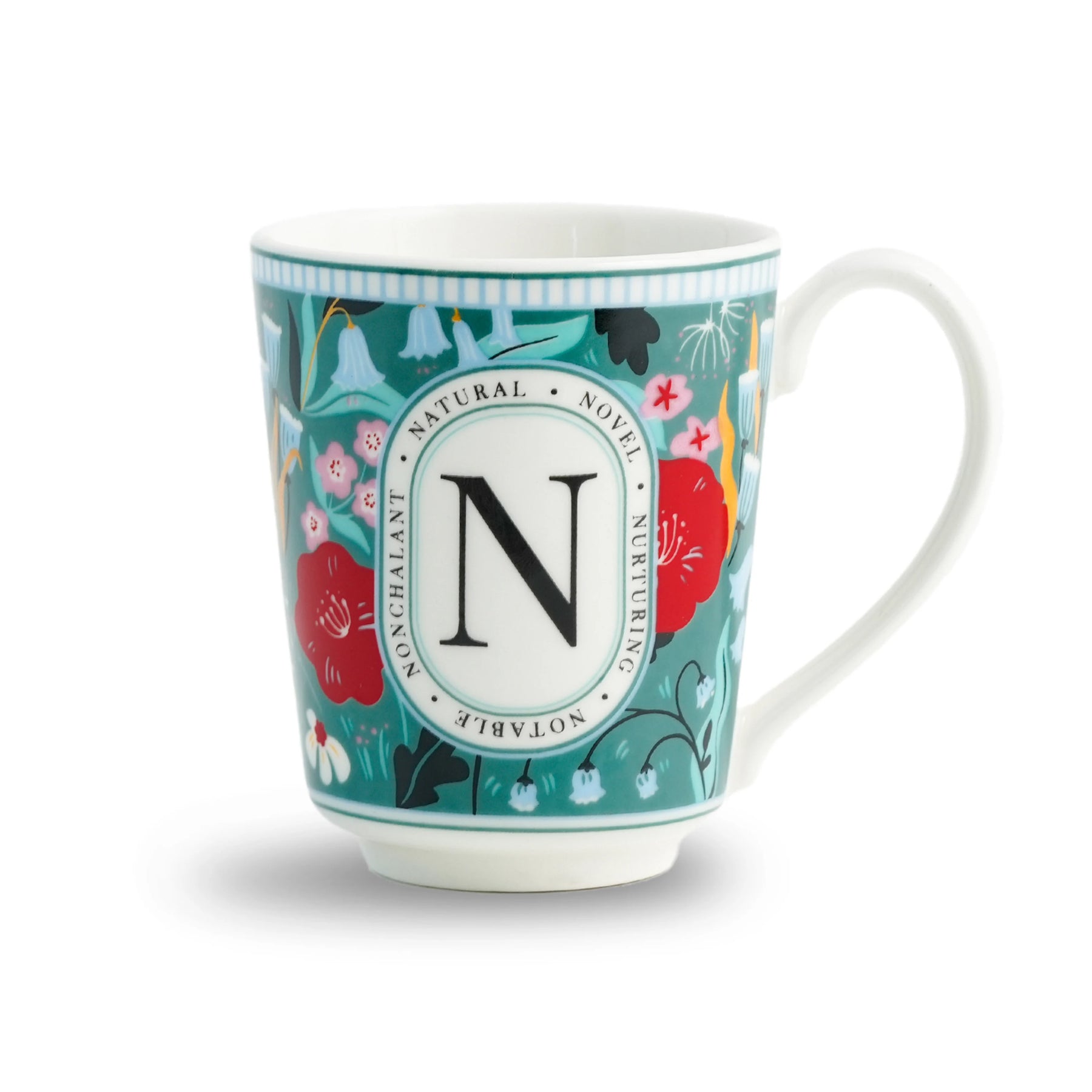 Mug with floral design and letter 'N' on a white background