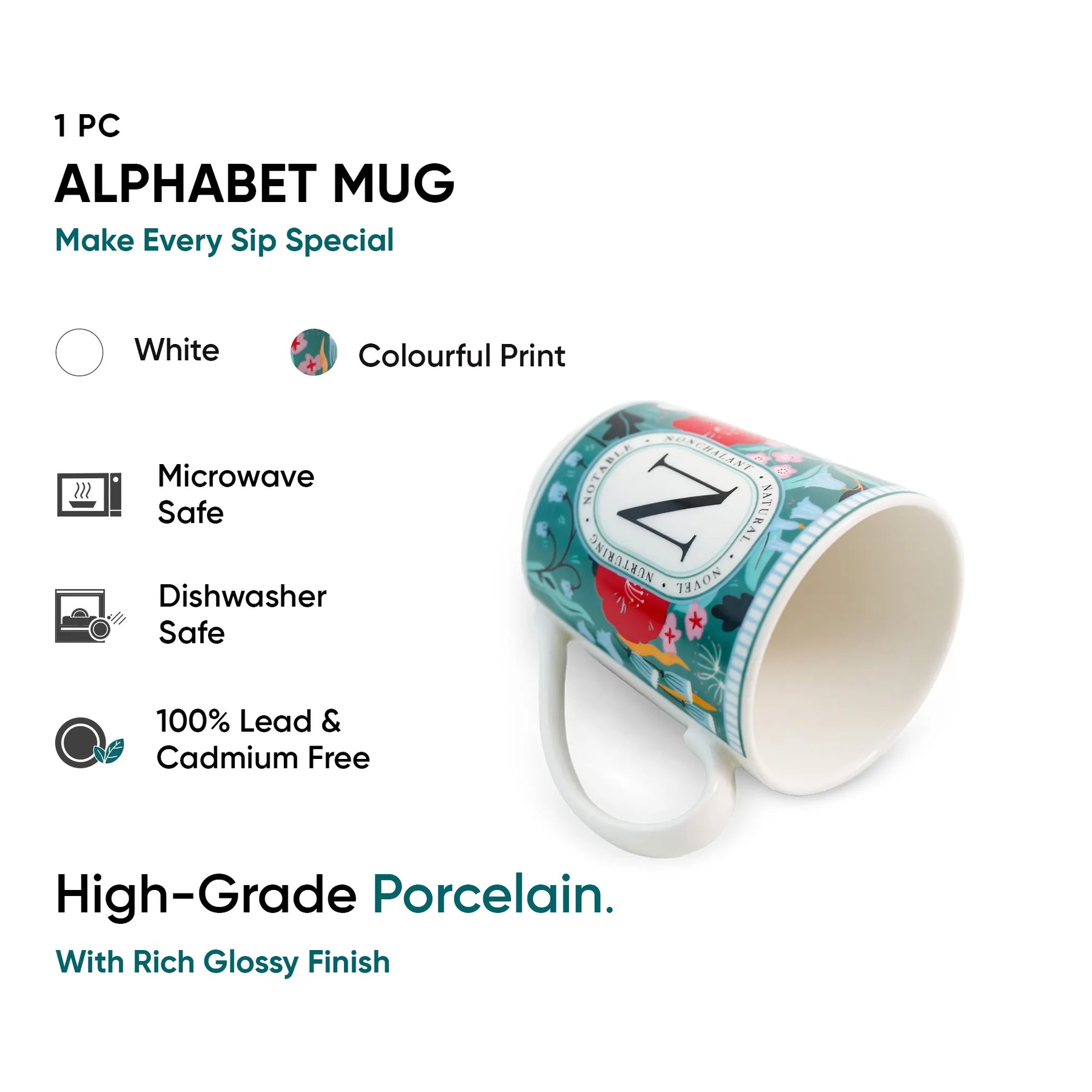 Alphabet mug with colorful print on a white background