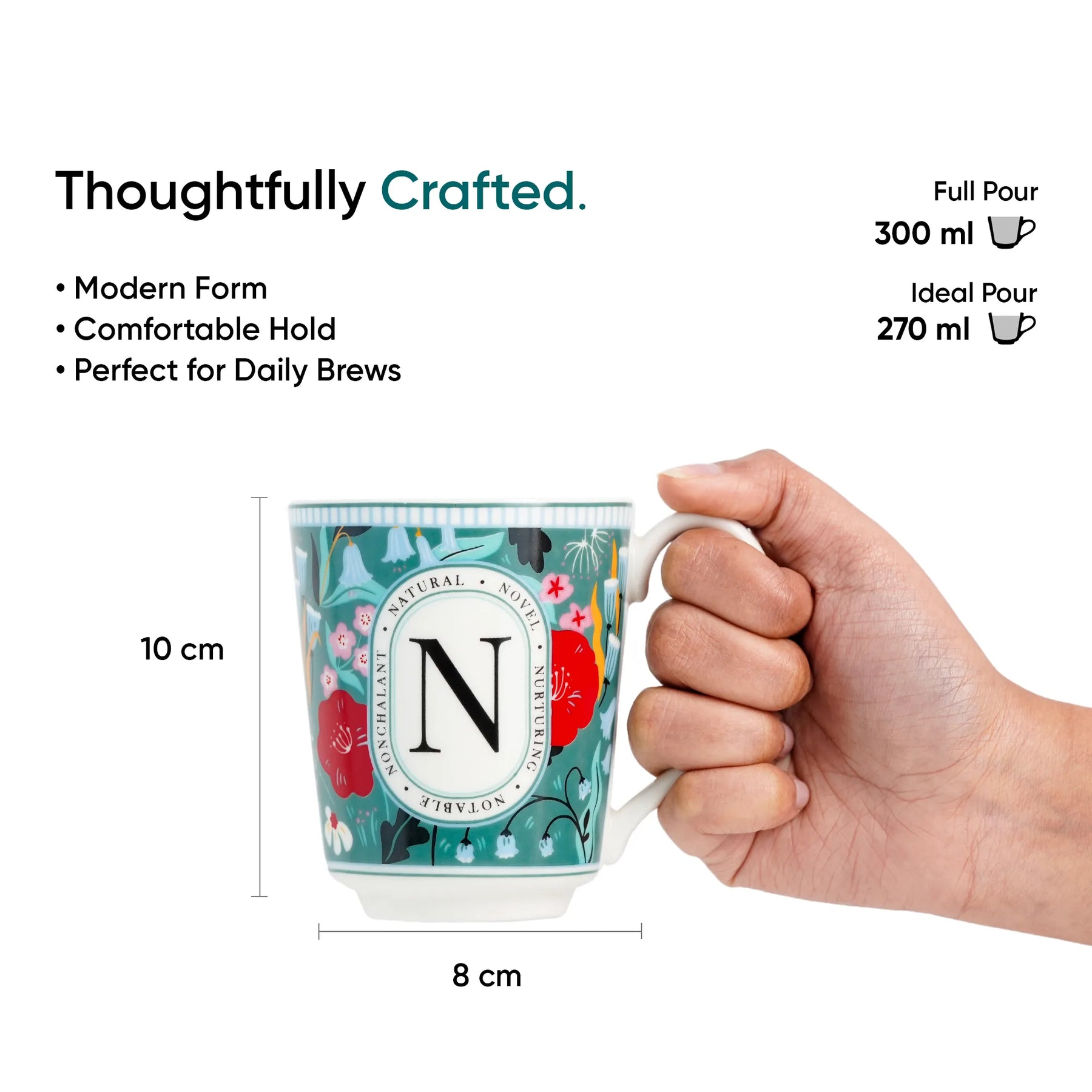 Mug with floral design and measurements, held by a hand, on a white background.