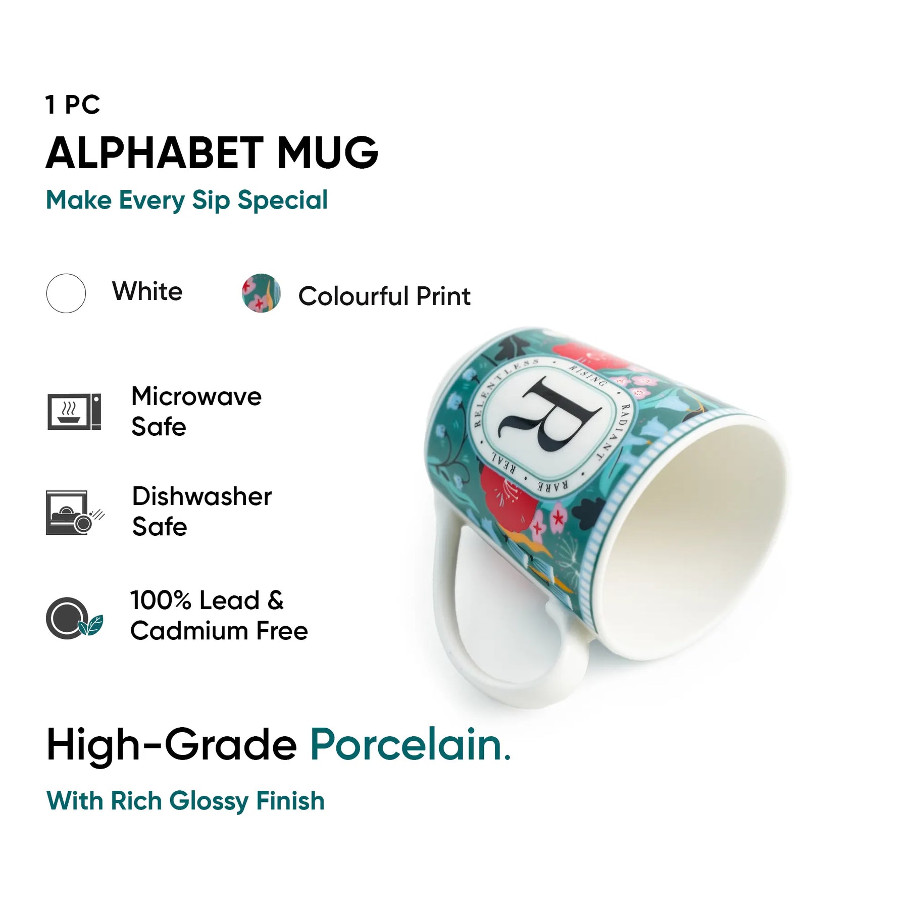 Alphabet mug with colourful print on a white background