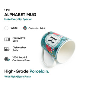 Alphabet mug with colourful print on a white background