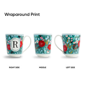 Three mugs with floral wraparound prints on a white background