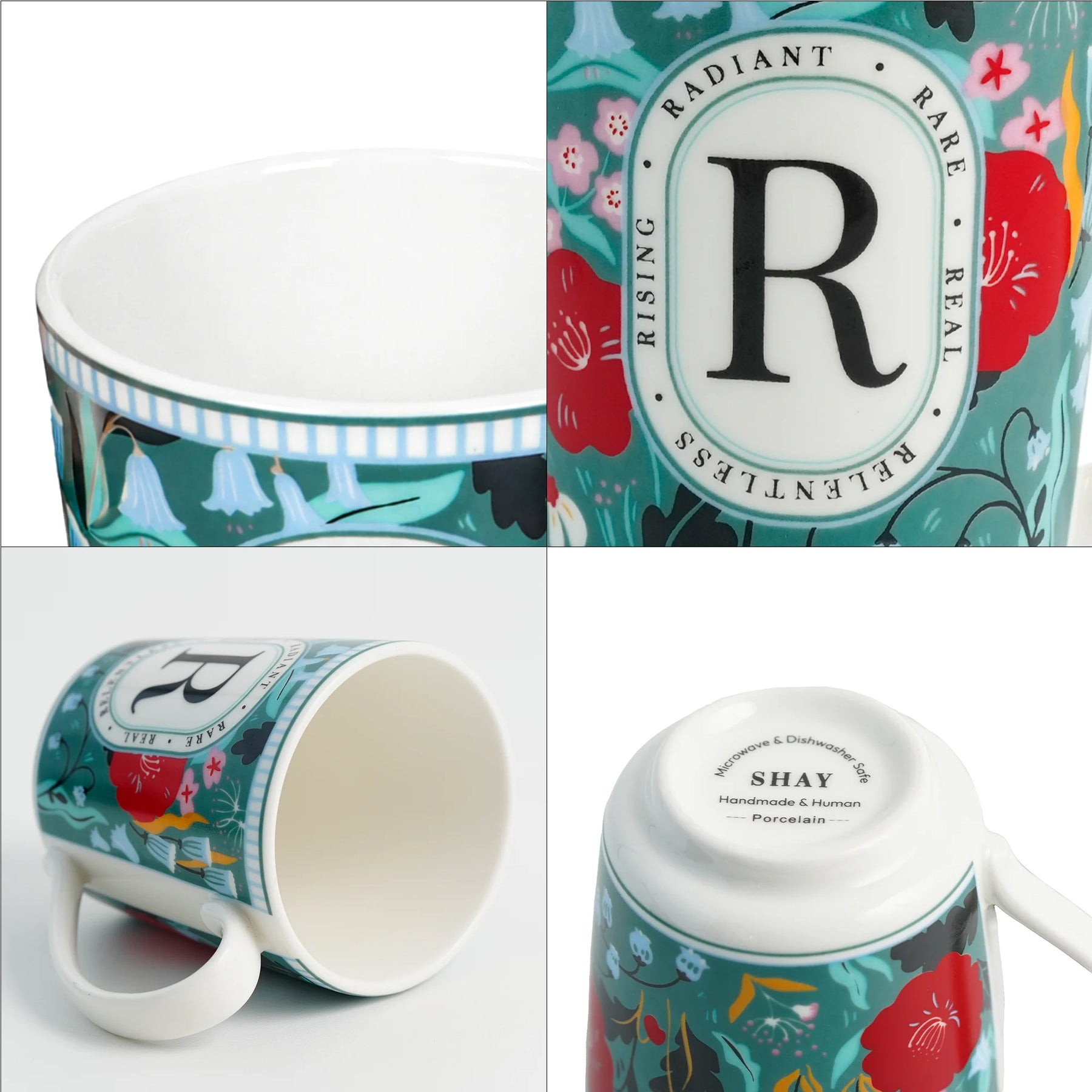Teal mug with floral design and 'R' branding, shown from multiple angles.