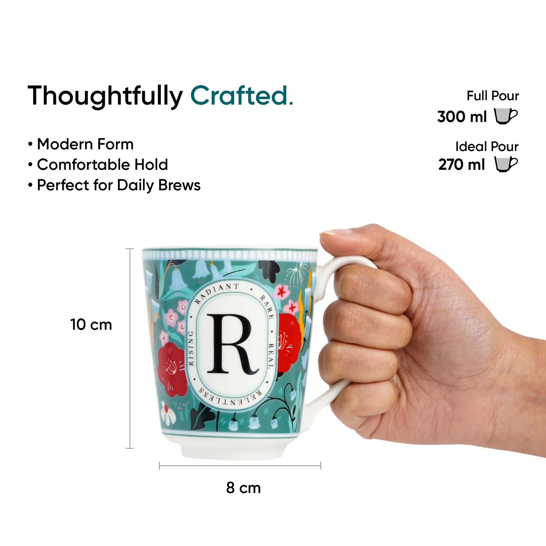 Mug with floral design and letter 'R', held by a hand, with measurements and text about the mug's features.
