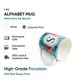 Alphabet mug with colourful print on a white background