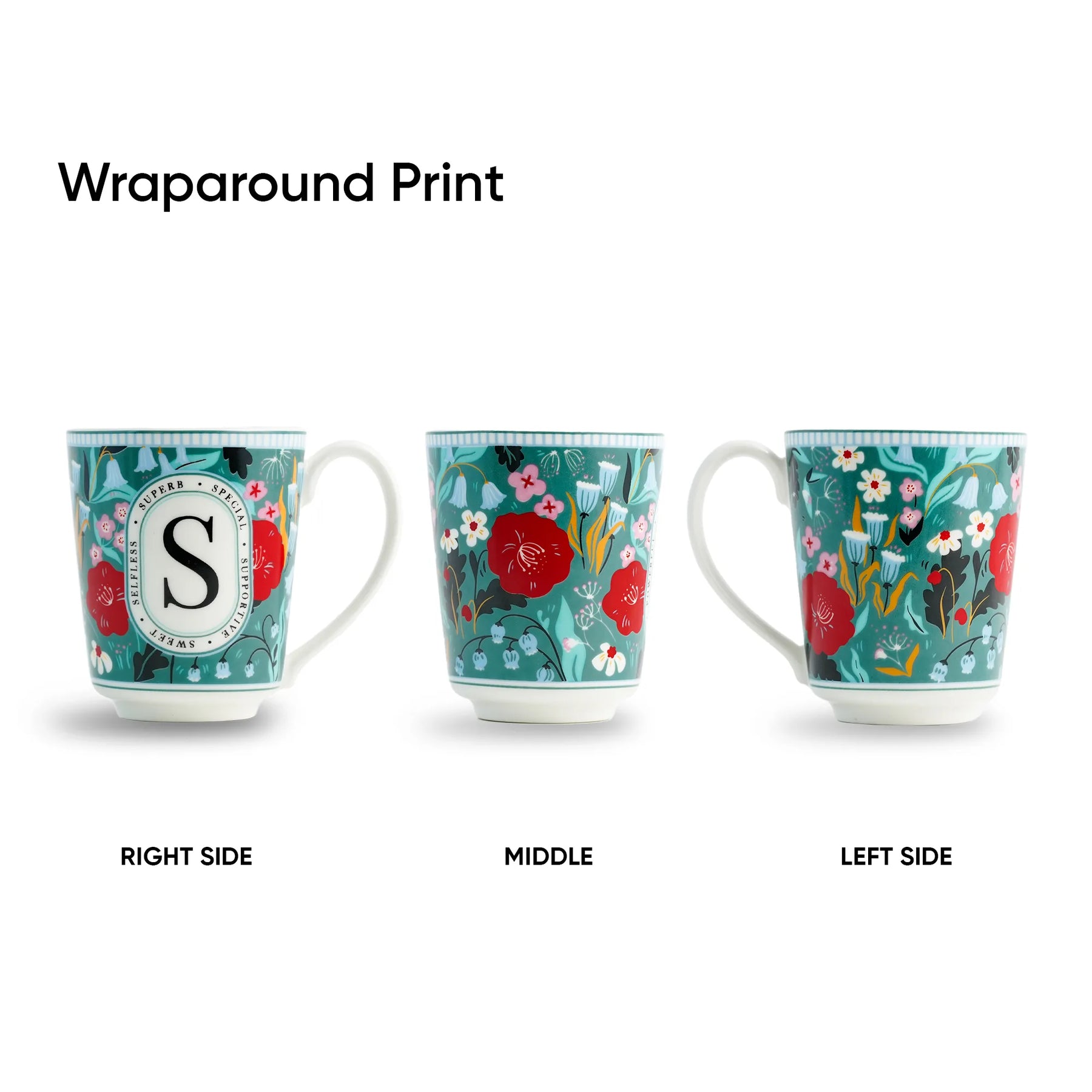 Three mugs with floral wraparound prints on a white background