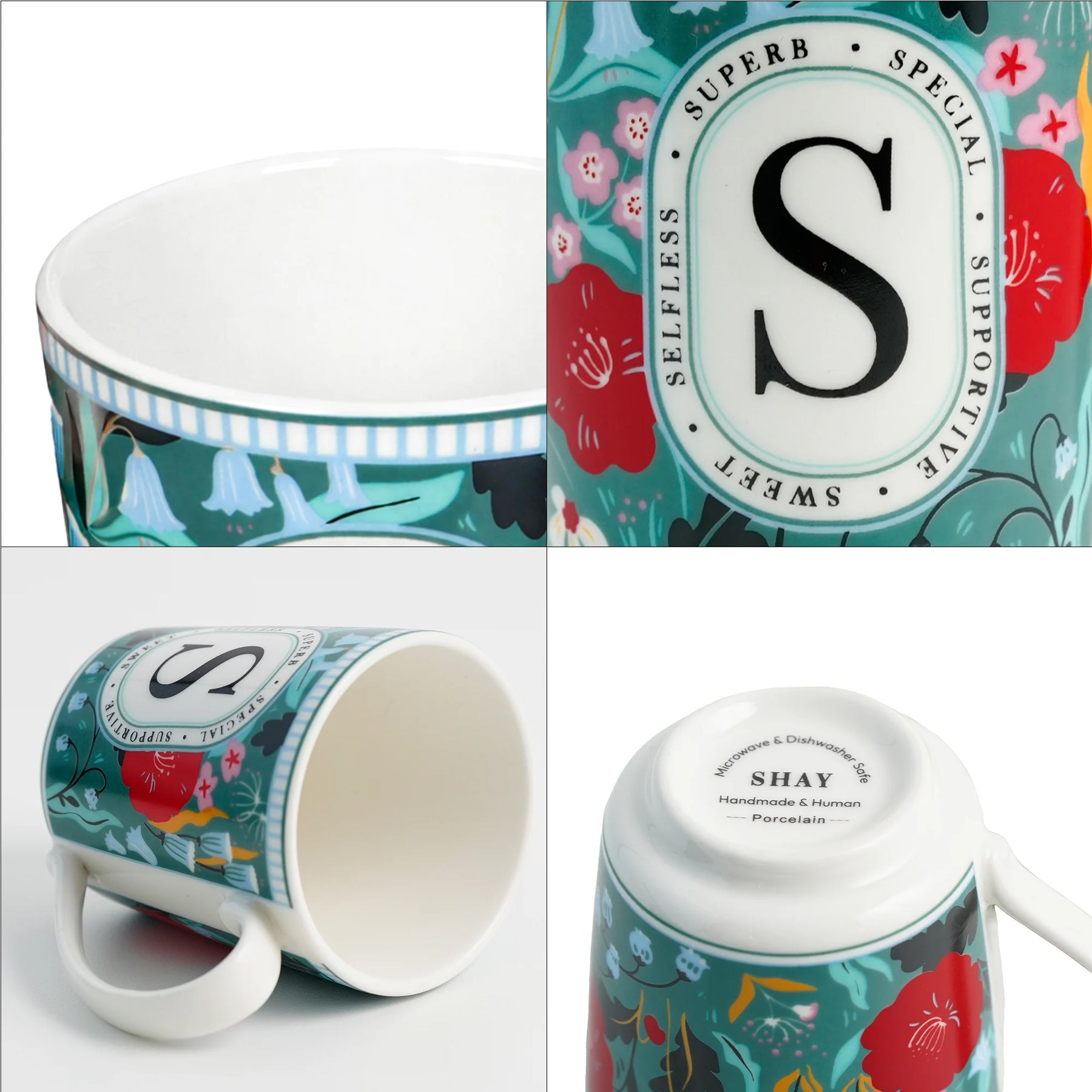 Collage of a decorative mug with floral patterns and text on a white background