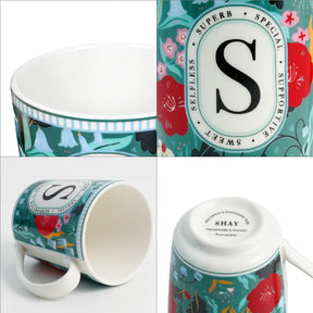 Collage of a decorative mug with floral patterns and text on a white background