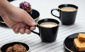 Ceramic Tea Cup Set of 6, Black with Real Gold Line, 180ml | Glossy Finish | Real Gold Line