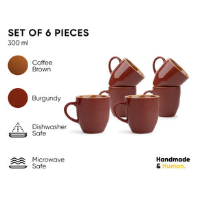 Set of 6 brown mugs with color options and safety features on a white background