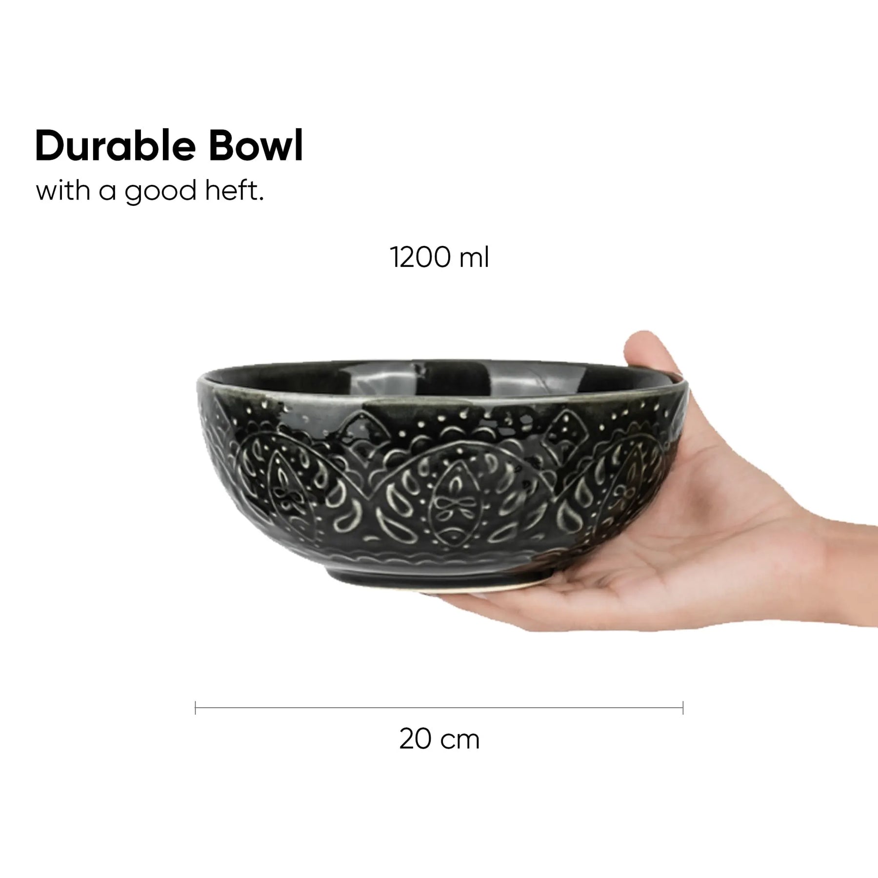 Black decorative bowl held in a hand with text indicating its capacity and dimensions.
