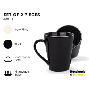 Black mug and bowl set with product details on a white background