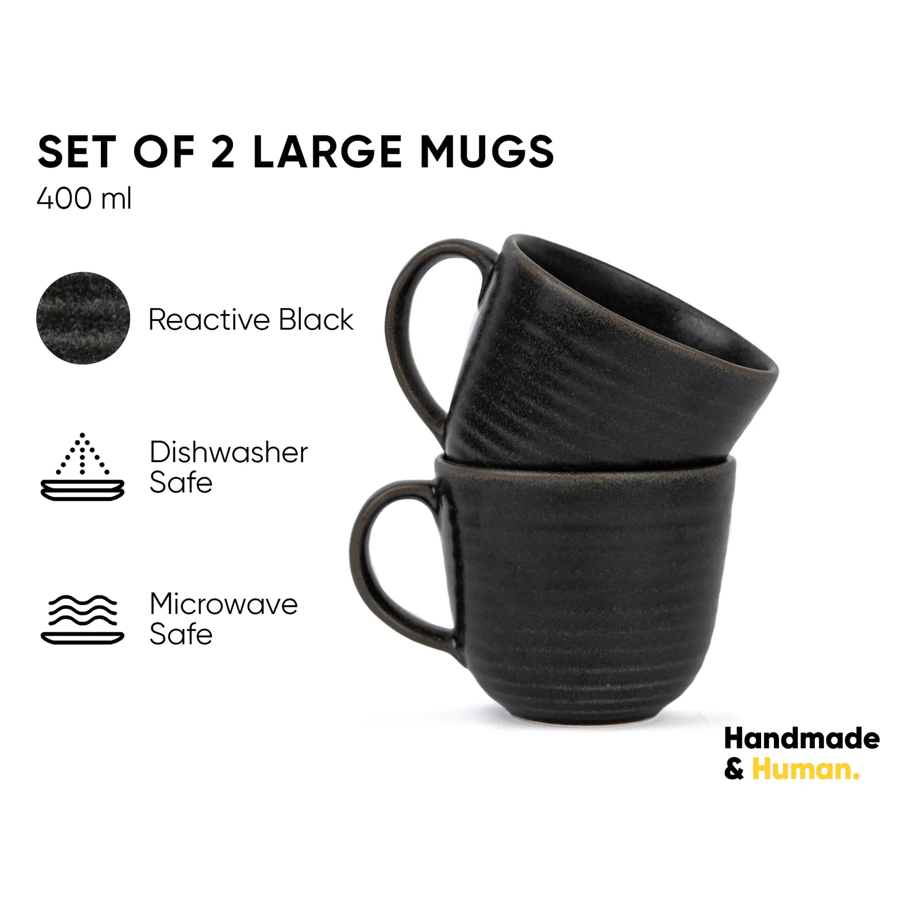 Set of 2 large black mugs with product details on a white background