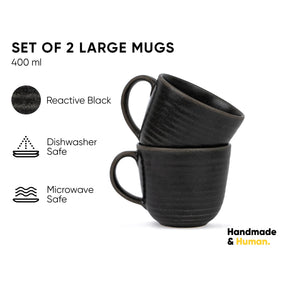 Set of 2 large black mugs with product details on a white background