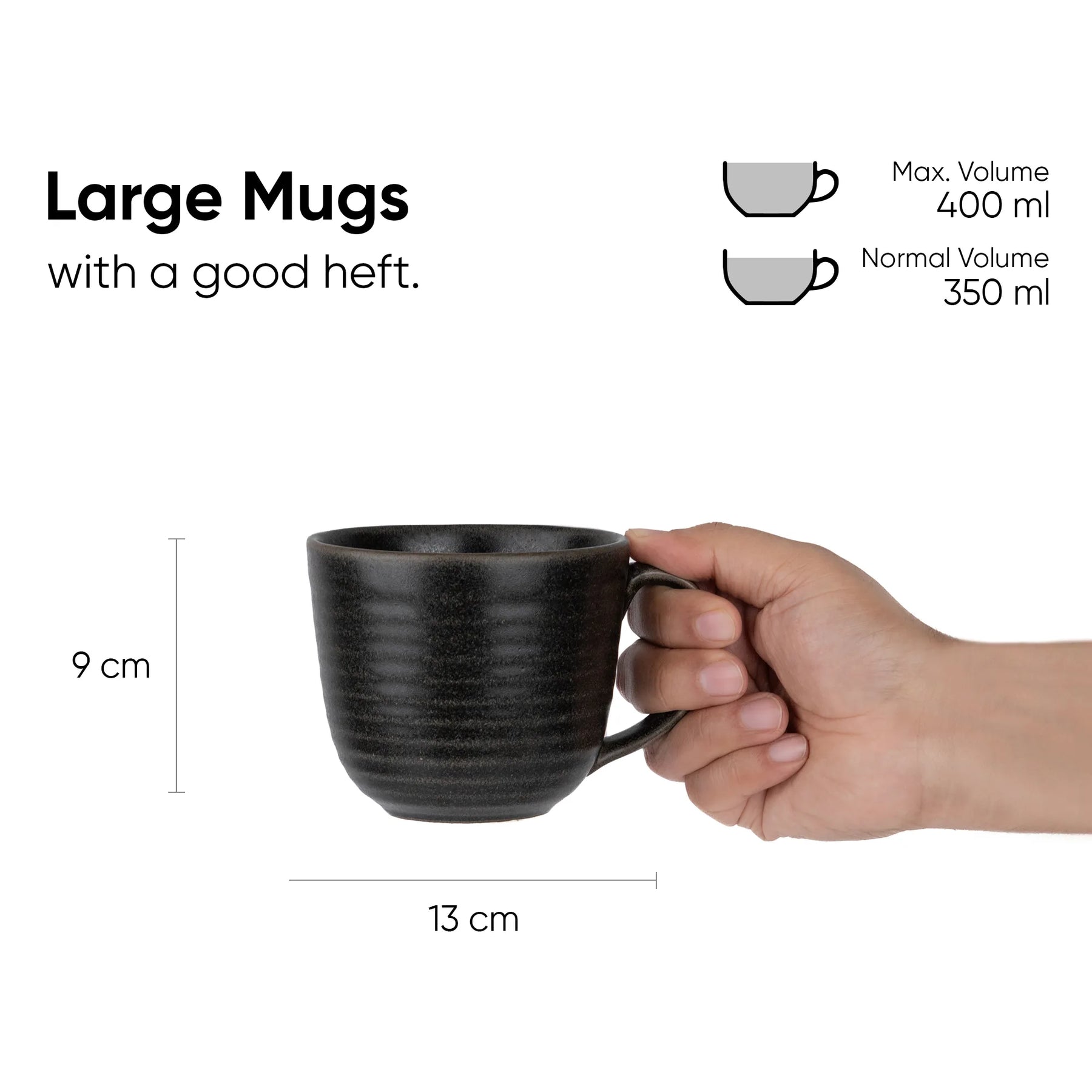 Black mug held by a hand with measurements and volume details on a white background