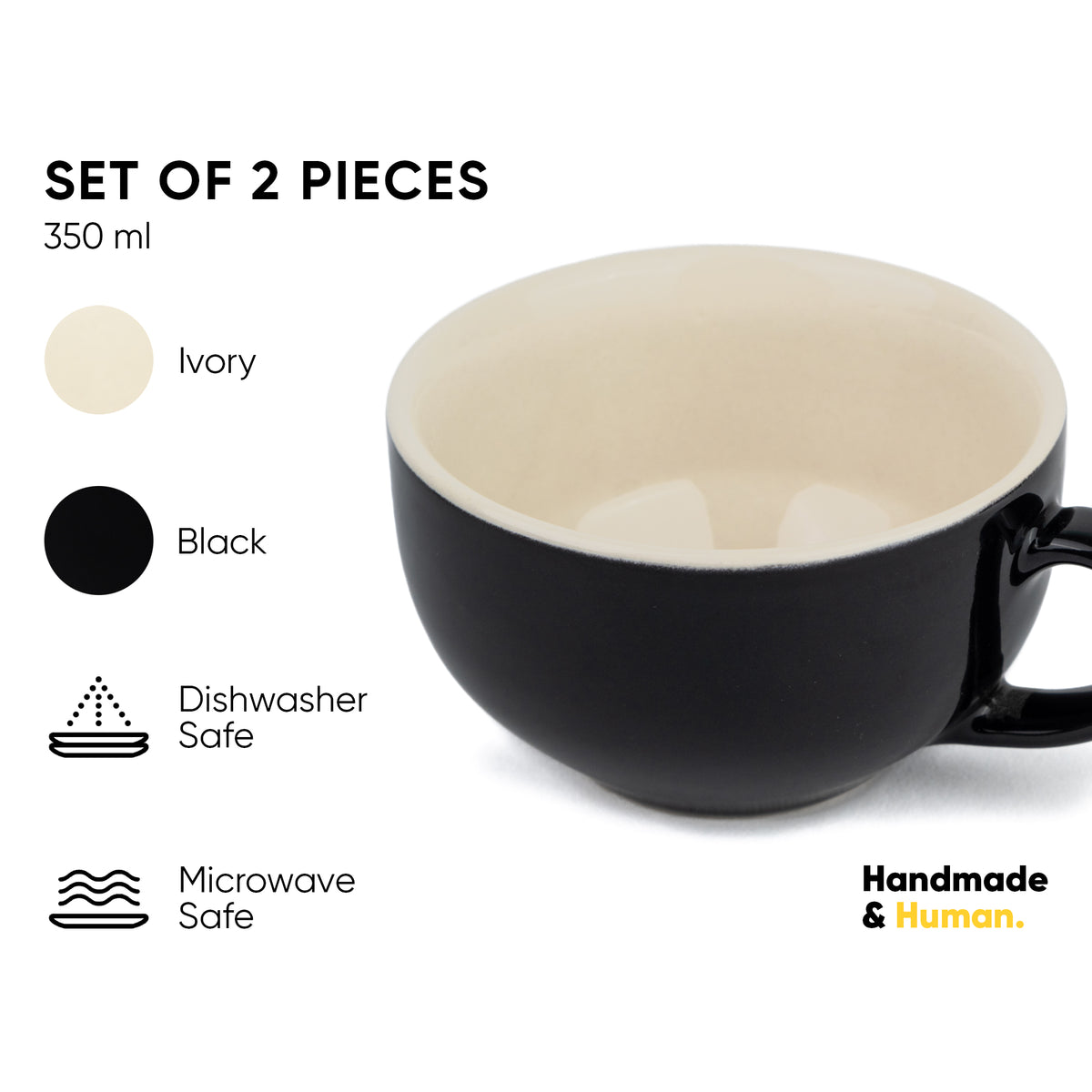 Large Ceramic Black Coffee Cup Set of 2 | 320ml | XL Cuppa Collection