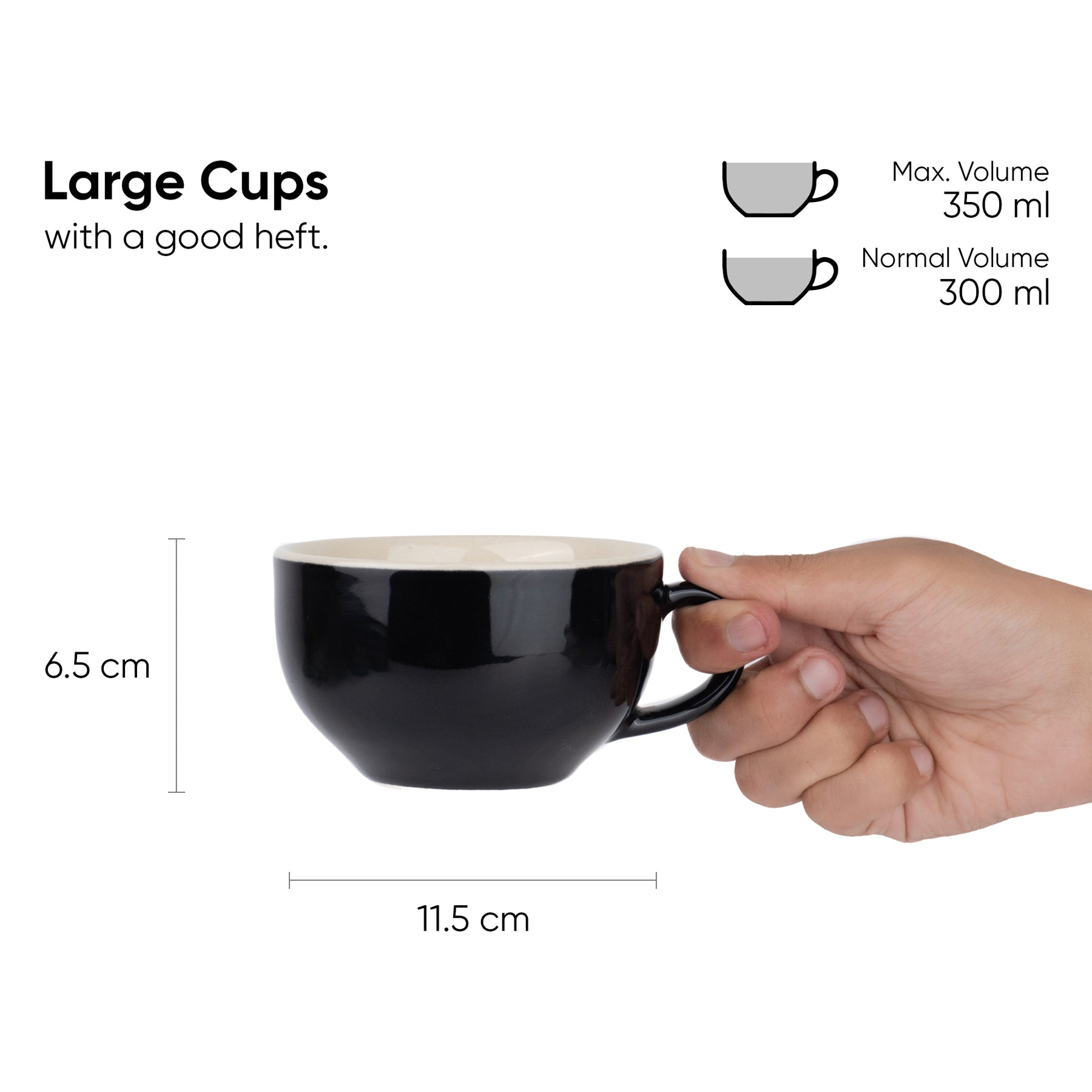 Large Ceramic Black Coffee Cup Set of 2 | 320ml | XL Cuppa Collection