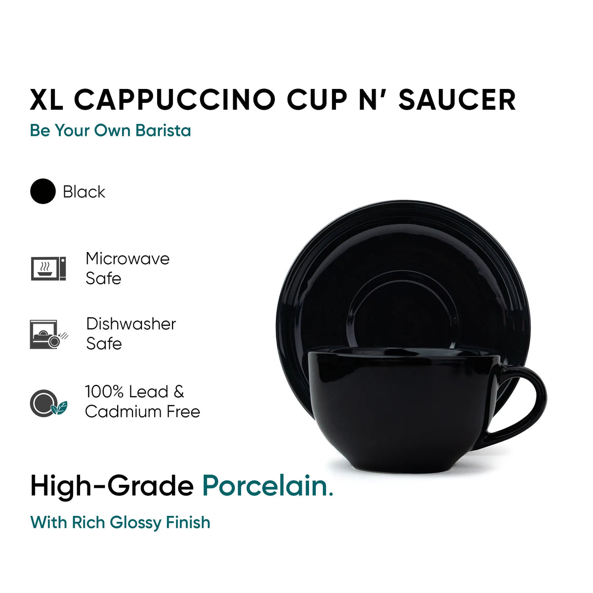 Large Ceramic Black Coffee Cup Saucer Set | 320ml | XL Cuppa Collection