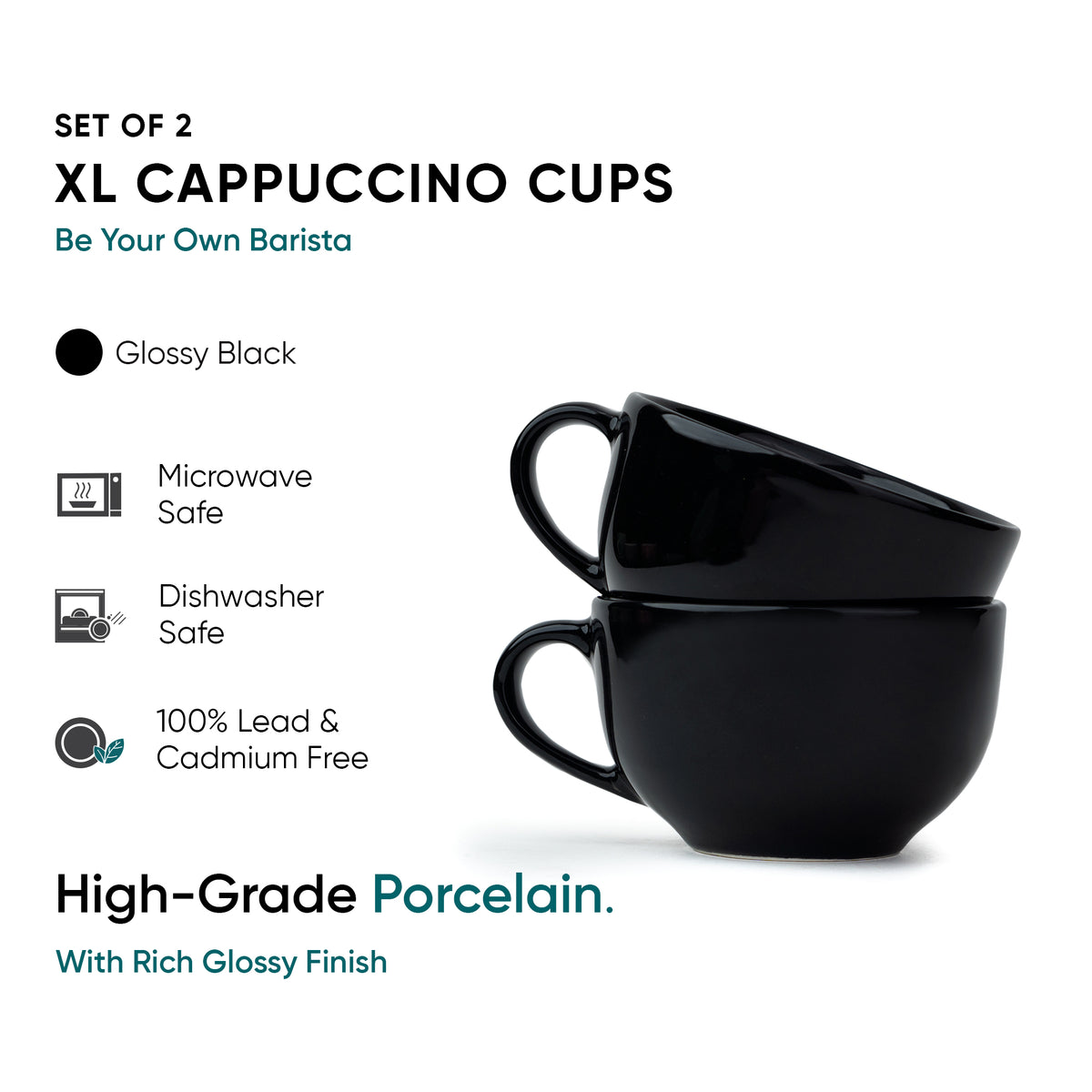 Large Black Ceramic Coffee Cup Set | 320ml | XL Cuppa Collection | Glossy Finish