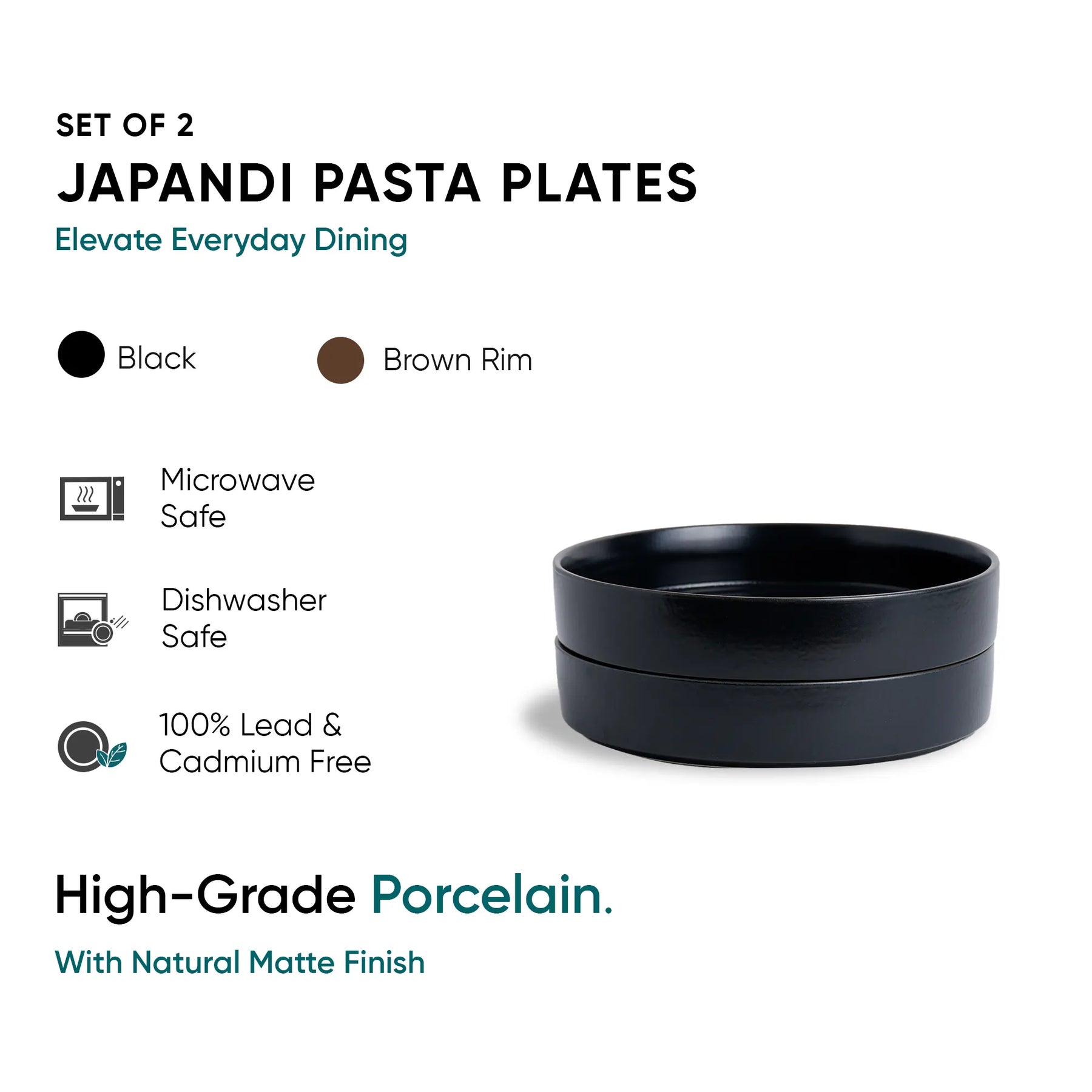 Set of 2 Japandi pasta plates with black body and brown rim on a white background.