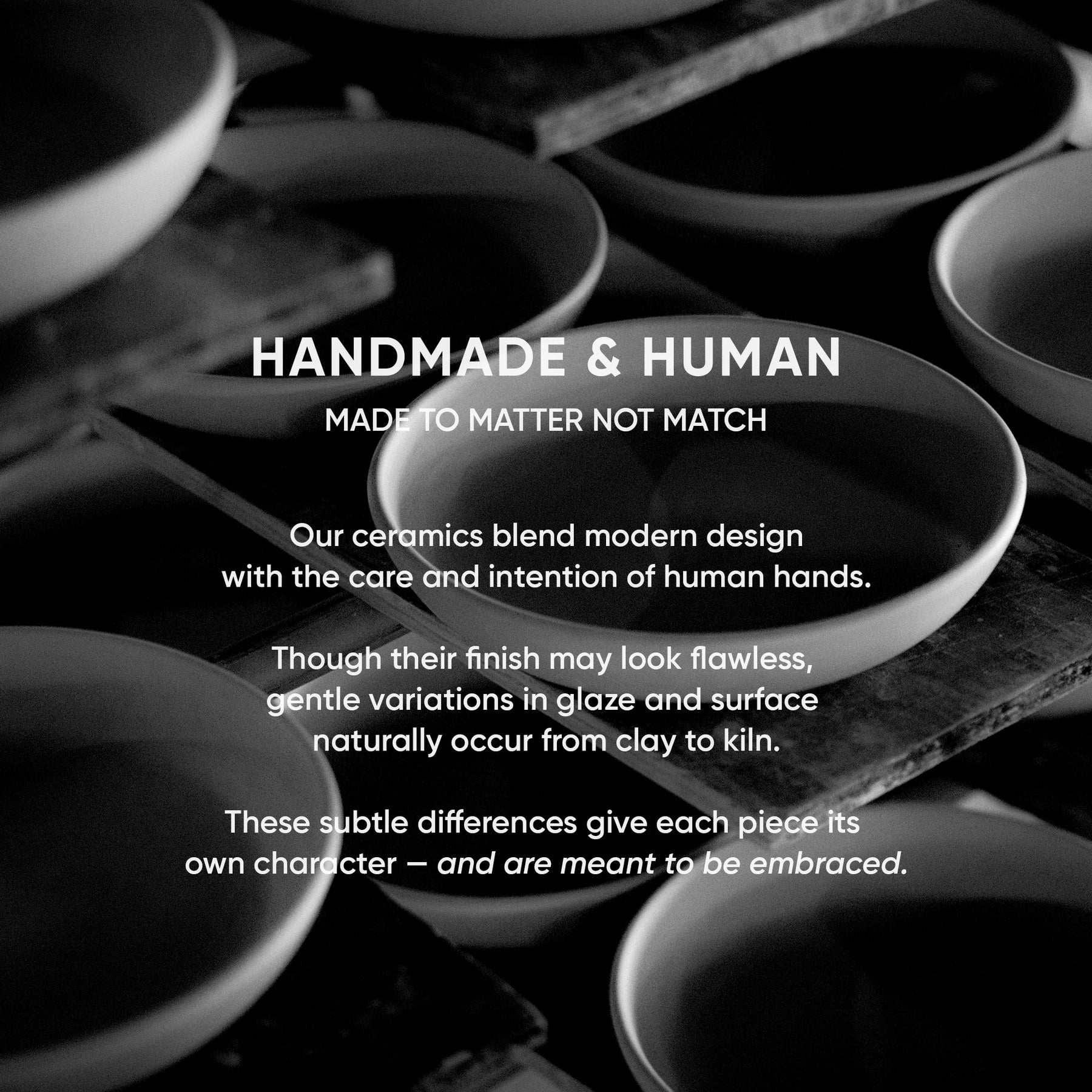 Black and white image of ceramic bowls with text about handmade ceramics.