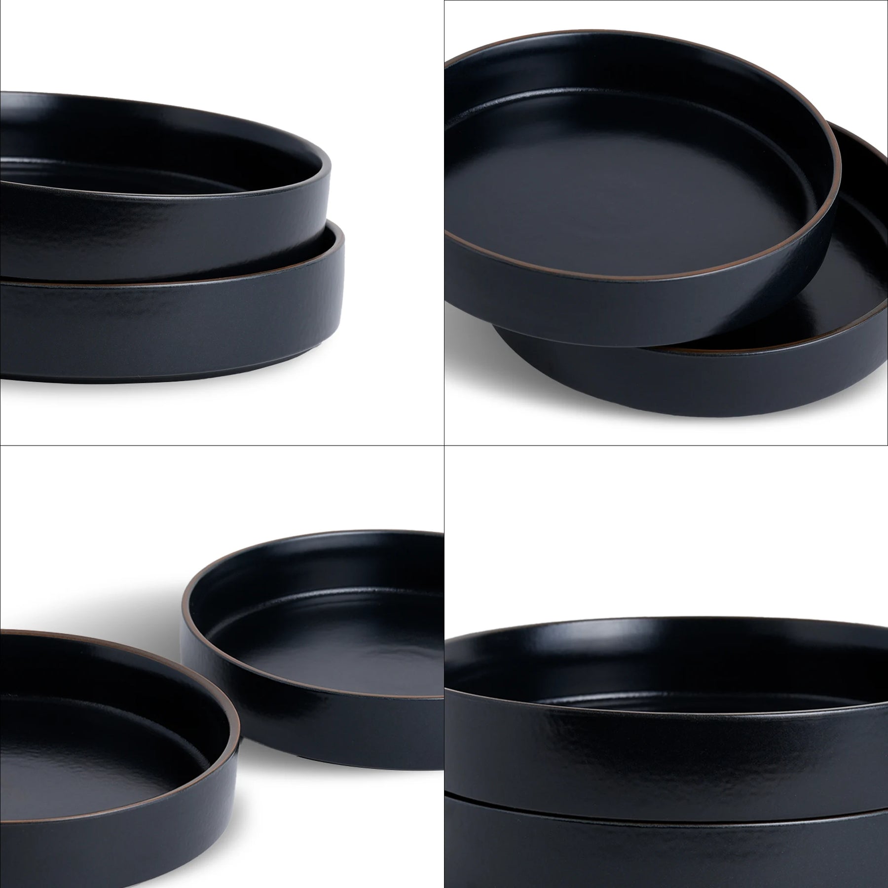 Set of black ceramic plates on a white background