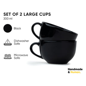 Large Ceramic Coffee Cup Set of 2, Black, 320ml | XL Cuppa Collection | Glossy Finish