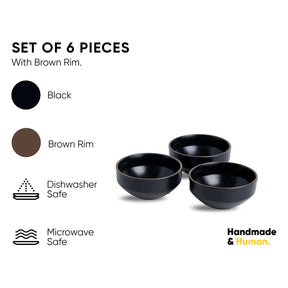 Set of three black bowls with brown rim on a white background, featuring text about product features.