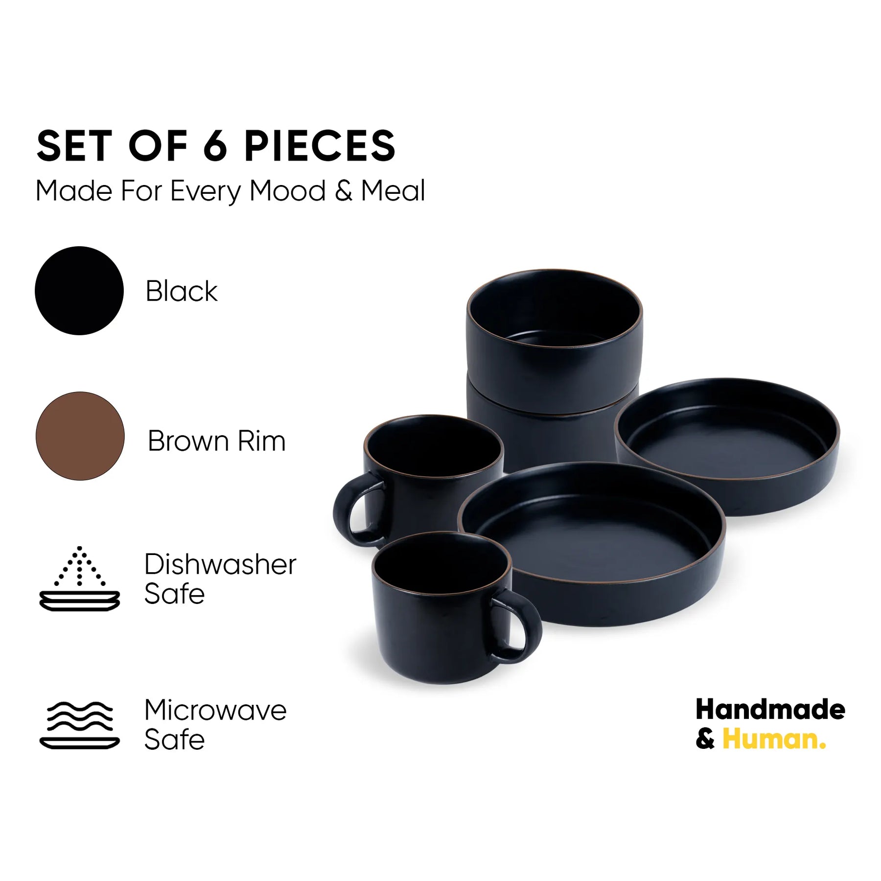 Ceramic Breakfast Set | Japandi Collection | 6 Pieces | Black